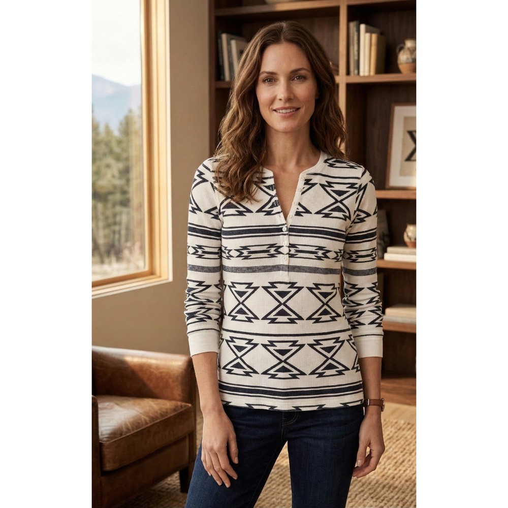 Lauren Ralph Lauren Black White Geometric Southwestern Thermal Henley Top Size S